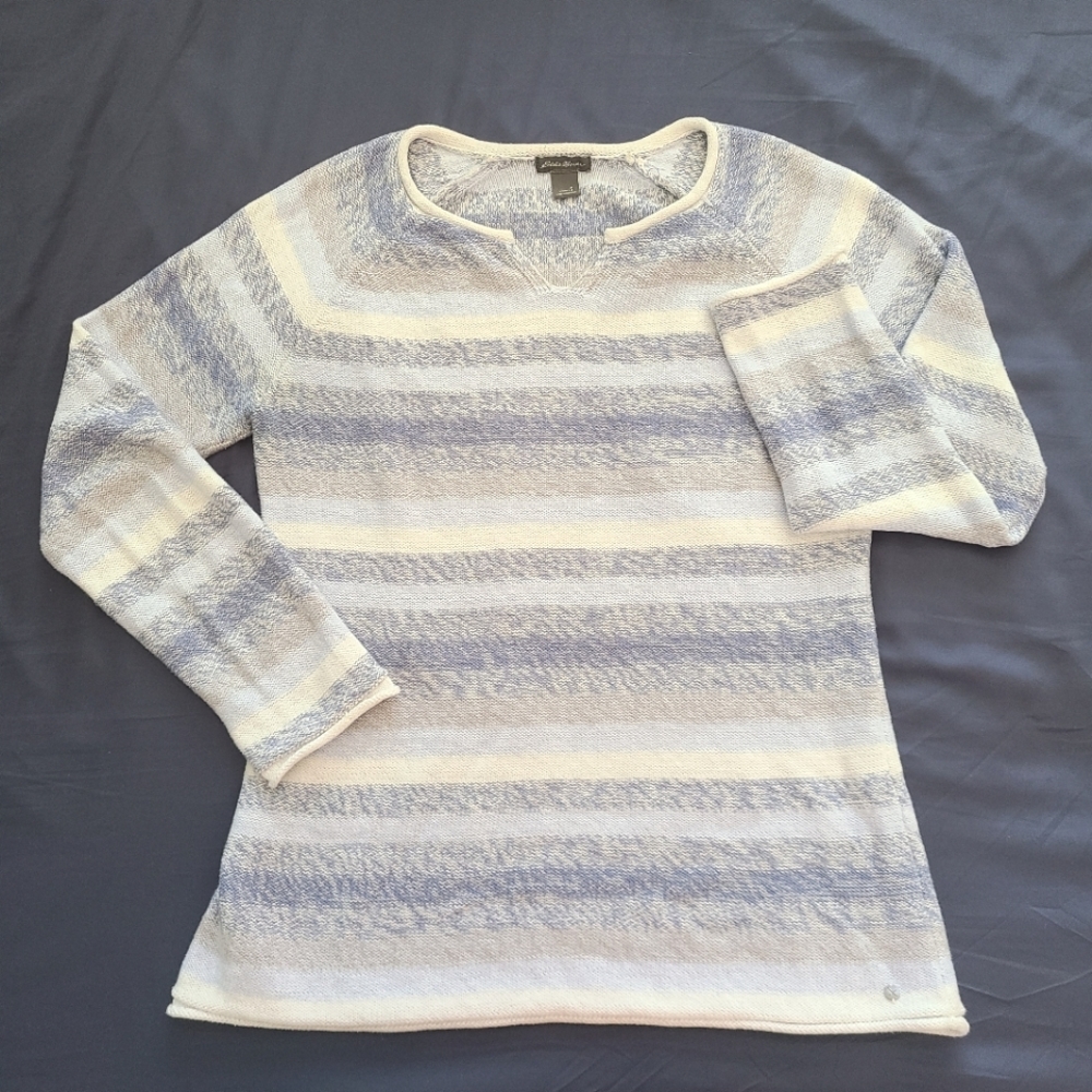 Eddie Bauer Notch-Neck Knit Sweater, S, periwinkle stripe, 100%Cotton